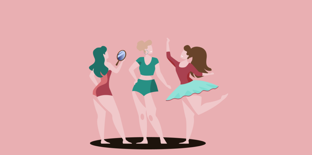 3 women are dancing and looking themselves in the mirror